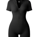 OQQ Women Rompers Ribbed Short Sleeve Zip Front Stretch Tummy Control Yoga Workout Rompers, S