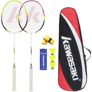Kawasaki Badminton Rackets, Professional Graphite Shaft Badminton Set of 2 for Backyard, with 2 Lightweight Carbon Badminton Racquets/3 Badminton Shuttlecocks/2 Racquet Overgrips/1 Carry Bag