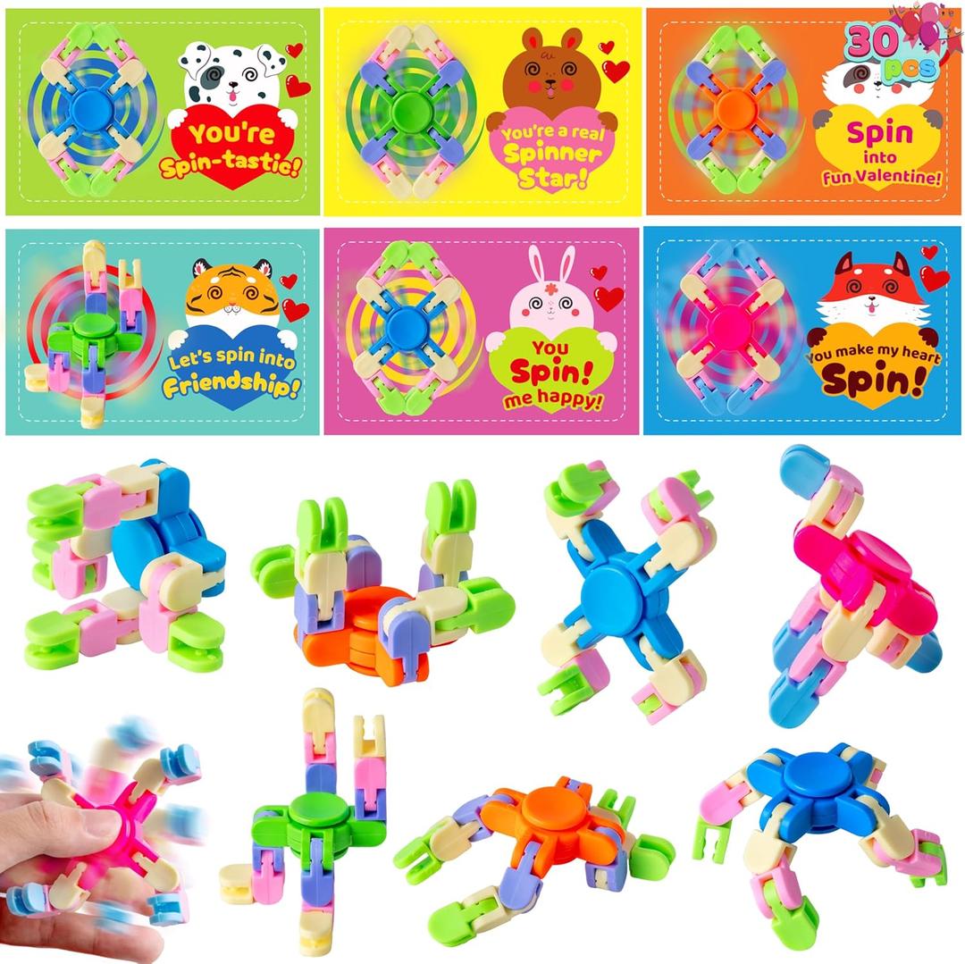 JOYIN 30 Packs Valentine's Day 6-Design Gift Cards with Fidgets Spinners, Deformable DIY Spinners Fingertip, Stress Relief Fidget Toys for Kids and Valentines Day Gifts Classroom Prize Party Favor