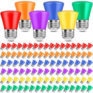 Riakrum 100 Pcs S14 Colored LED Bulbs for Outdoor String Lights 2W Red and Green Christmas Replacement Bulbs E26 Base Plastic Waterproof LED Bulb for Xmas Wedding Halloween Party Decor(6 Colors)