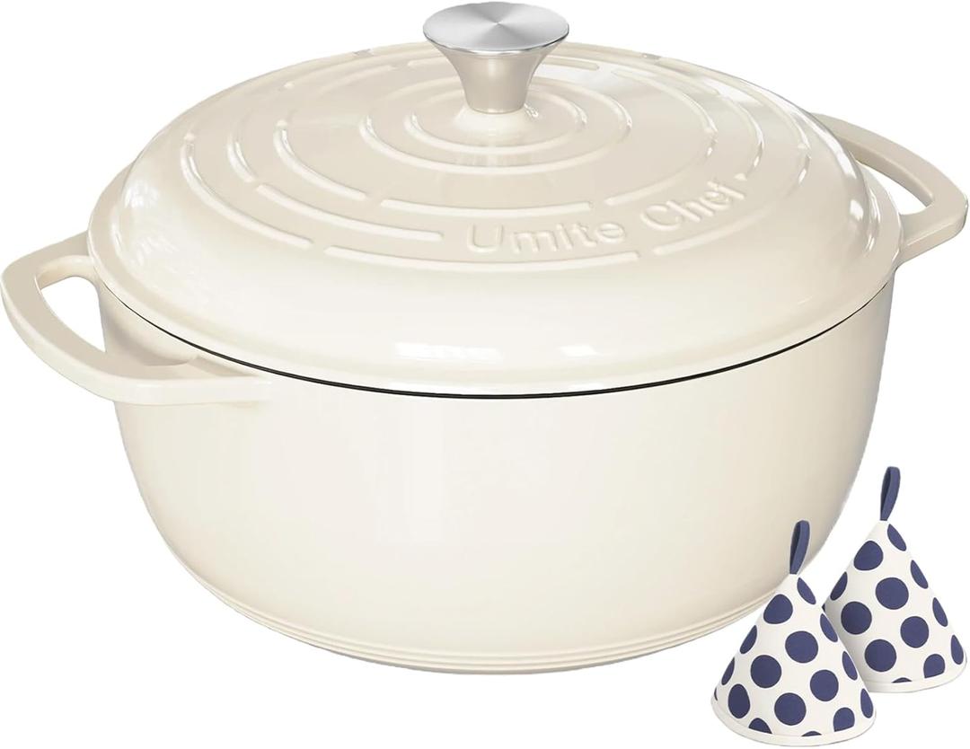 Umite Chef 6QT Enameled Cast Iron Dutch Oven with Lid, Versatile Heavy-Duty Cookware Pot for Baking Bread, Braising, Soups & Stews, Oven & Stovetop Safe with Heat Resistant GlovesCream White