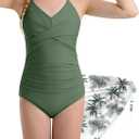 Girls Swimsuit Criss Cross Ruched One Piece Bathing Suit with Printed Mesh Cover Ups Adjustable Straps Swimwear 6-15Y (13-14 Years, Green)