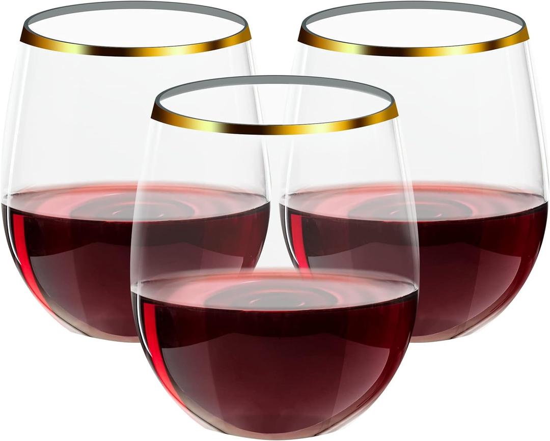 FOCUSLINE 32 Pack 12 OZ Plastic Wine Glasses, Stemless Disposable Wine Cups, Gold Rim Unbreakable Wine Glasses, Reusable Shatterproof Recyclable and BPA-Free Plastic Wine Cups