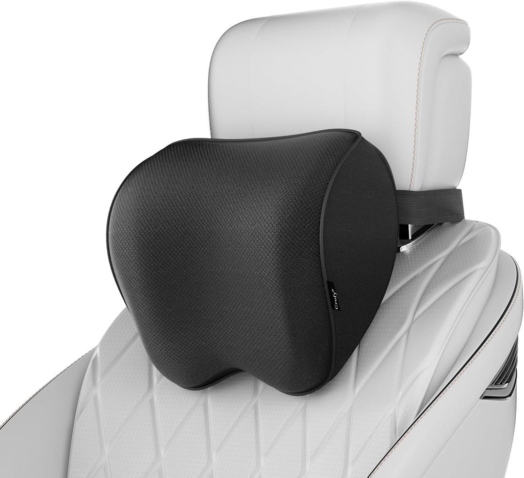 Crofy 2-Pack Car Neck Pillow, Softness Car Headrest Pillow for Driving with Adjustable Strap, 100% Memory Foam and Breathable Removable Cover, Comfortable Ergonomic Design, 4.7 Inches Thick (Black)