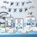 19 Pcs Race Car Birthday Party Decorations Boys Two Fast Vintage Birthday Decor 2 Fast Dusty Blue Black Wheel Checkered Supplies for Baby Shower Race Car One Party