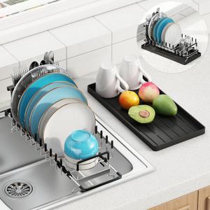 ANTOPY Small Dish Drying Rack - Expandable 304 Stainless Steel Rustproof Dish Rack Over Sink with Silicone Drying Mat & Cutlery Holder, Compact Dish Drainer for Kitchen Counter, Inside Sink, Silver