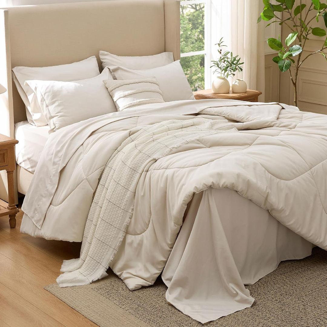 Bedsure 5 Pieces Twin Comforter Set Premium Series, Hotel Luxury Soft Bed in a Bag, Goose Down Alternative, Safe for Sensitive Skin Bedding Comforter All Season Medium Warmth, Beige Wavy Quilted