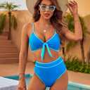 Blooming Jelly Womens High Waisted Bikini Set Tie Knot High Rise Two Piece Swimsuits Bathing Suits (Blue, L)