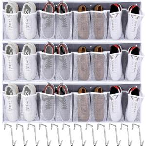 3 Pack RV Shoe Storage for Bedside, Hanging Shoe Organizer with 8 Large Pockets Wall Mounted Bedside Caddy with Sturdy Hooks for Entryway Camper, RV & Camper Essentials
