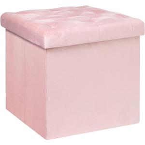 B FSOBEIIALEO Storage Ottoman Cube, Velvet Tufted Folding Ottomans with Lid, Footstool Rest Padded Seat for Bedroom (Pink, Medium)