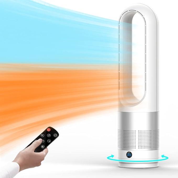 Bladeless Tower Fan, 1400W Space Heater & 40W Cooler Fan Combo with Remote, 80Oscillation, 8 Speeds and 3 Heating Modes, 9H Timer, LED Display, Fast Safety Heat and Quiet for Bedroom, Kitchen, Office