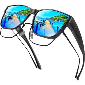 URUMQI Polarized Sunglasses Fit Over Glasses for Men Women, Oversized Square Sun Glasses UV400 Protection Shades (23 Matte Black Frame/Blue Mirrored Lens)