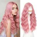 Beelu Pink Wigs for Women 26 Inch Long Wavy Wig Middle Part Lace Hairline Synthetic Heat Resistant Wig for Daily Party Cosplay Use