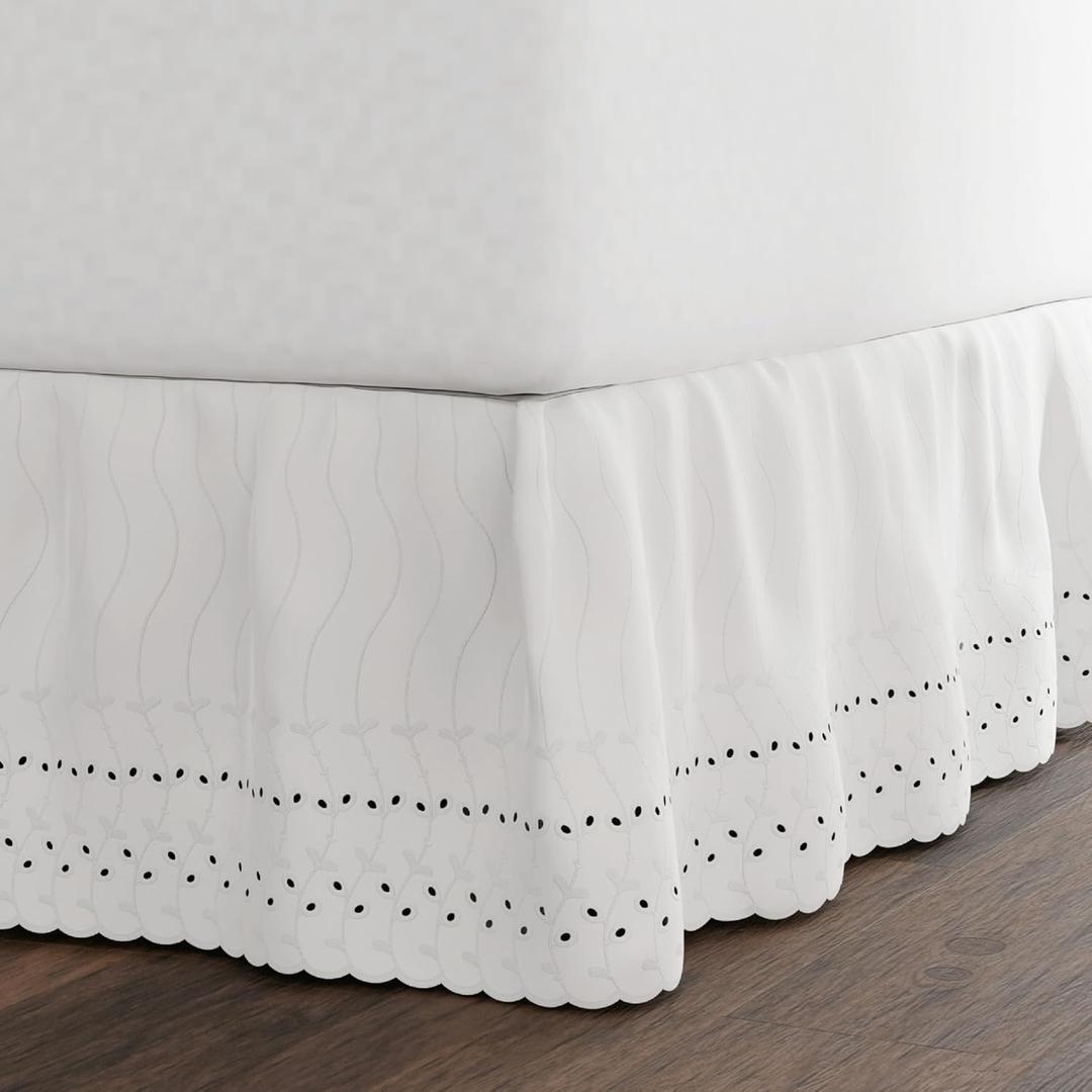 Fresh Ideas Eyelet Bed Skirt, Ruffled Design, 14 Inch Drop, Embroidered Scalloped Edge, Twin, White