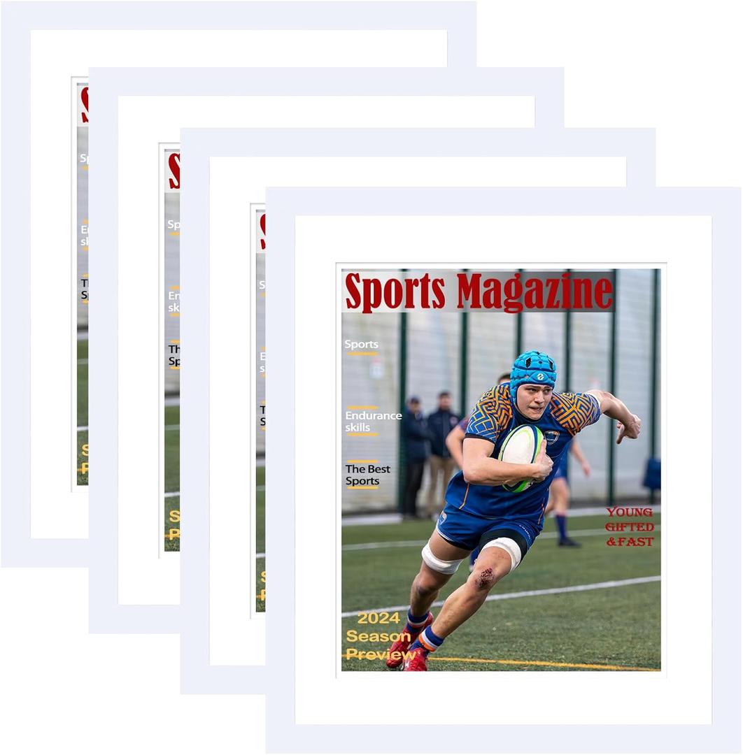 4 Pack Sports Magazine Frame Display 8.5 x 11.25 or 8.25 x 11 Magazine with 2 Sizes Mat, or 11x14 Photos without Mat, Magazine Display Frame with Shatter Resistant Plexiglass for Wall Hanging, White