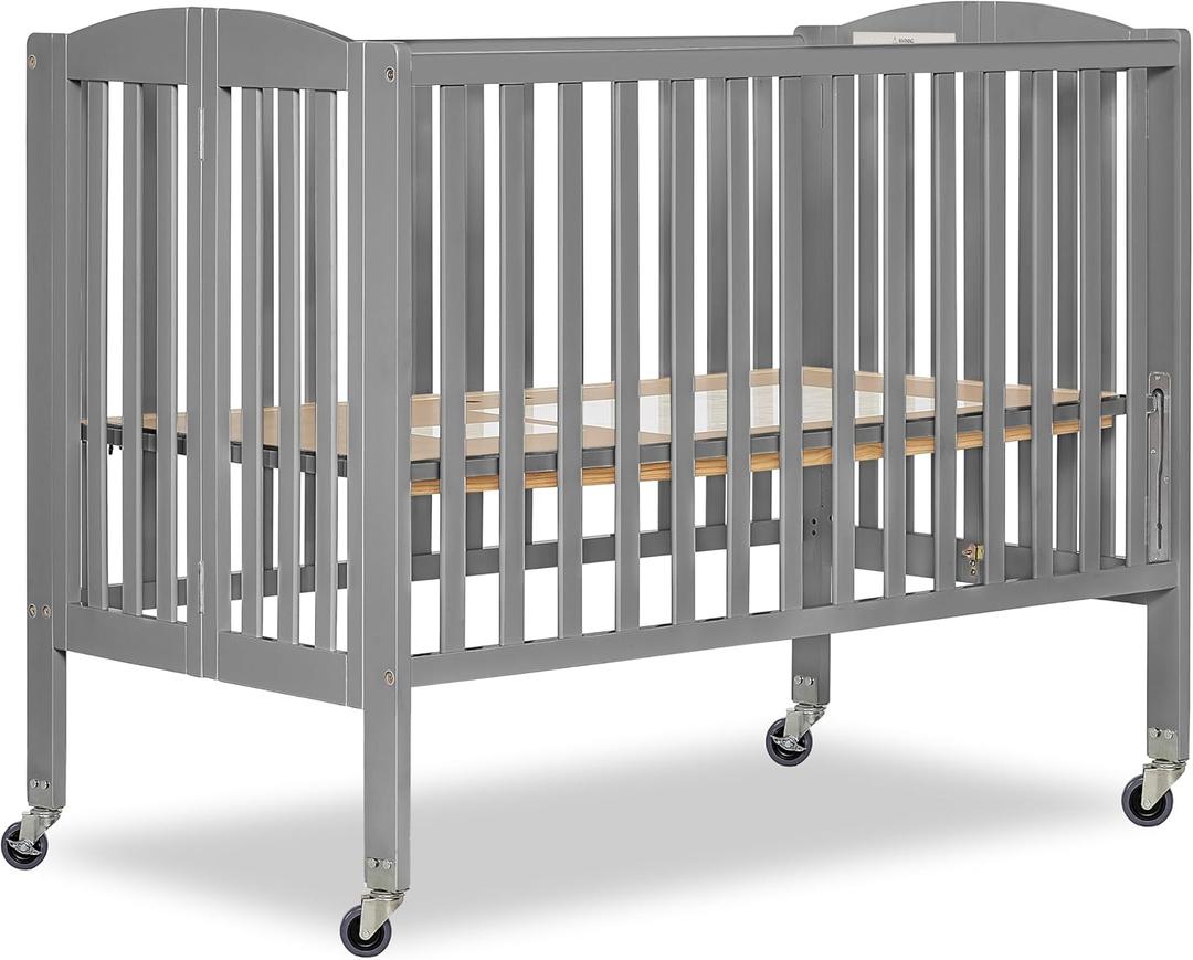 Dream On Me Folding Full Size Convenience Crib In Storm Grey, Two Adjustable Mattress Height Positions, Comes With Heavy Duty Locking Wheels, Flat Folding (53"L x 31"W x 46"H)