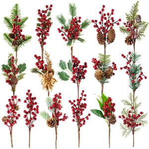 Fessary 9-14 Inch Large Red Berry Pine Branches 16 Pack Assorted Pine Berries Branches Flower Pick for Christmas Wreath Festive Season Decor