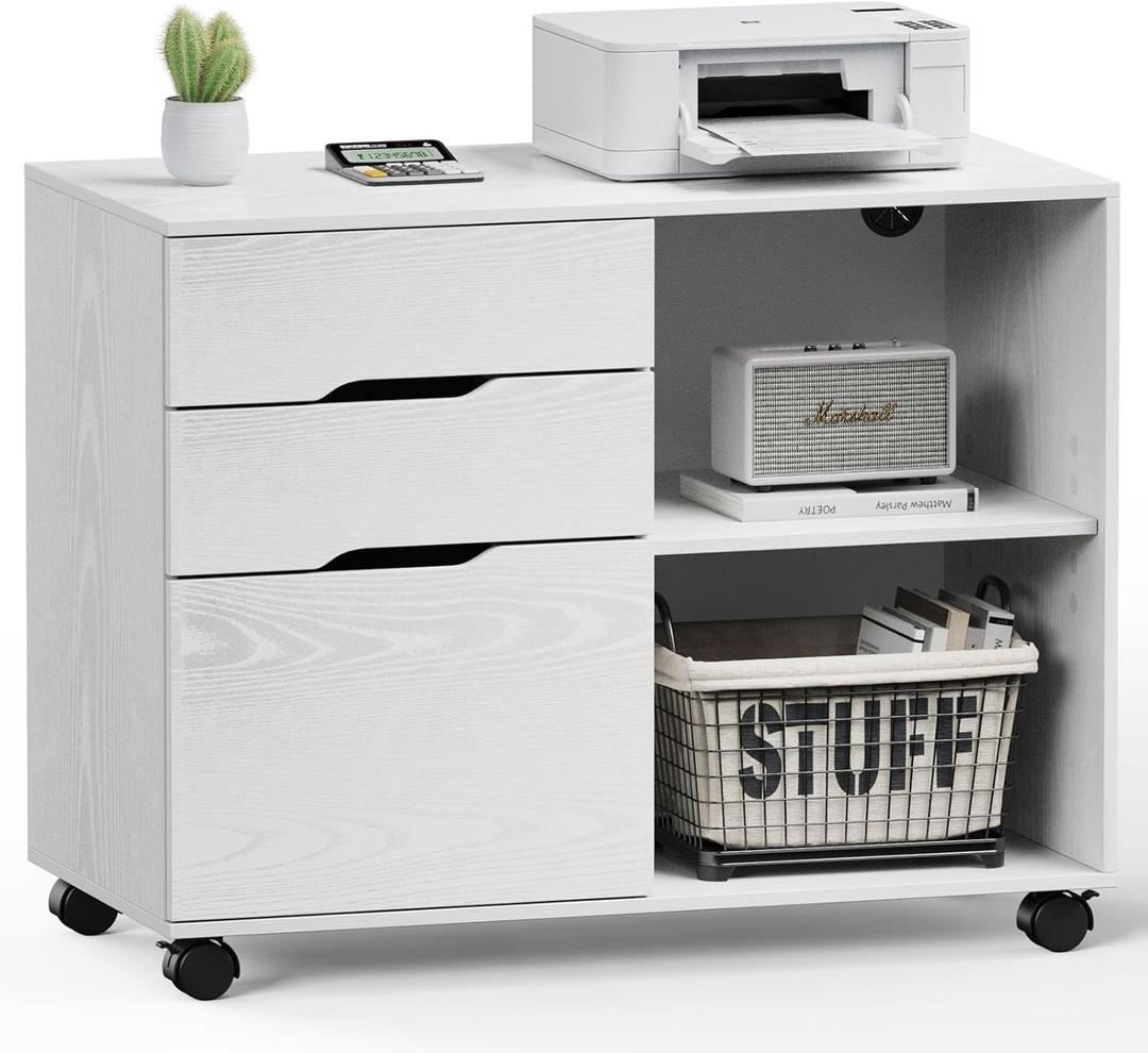 9 x DUMOS Lateral File Cabinet with 3 Drawers Rolling Filing Cabinets Under Desk Storage Printer Stand Wood Organizer with Wheels Adjustable Shelf for Office Home Small Space, White