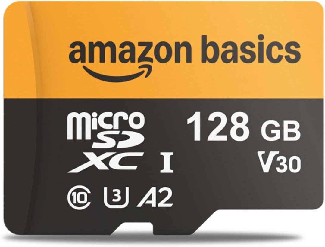 Amazon Basics 128GB microSDXC Memory Card with Adapter for Smartphones, Drones, Cameras, Full HD, Read Speed Up to 200MB/s, 1-Pack