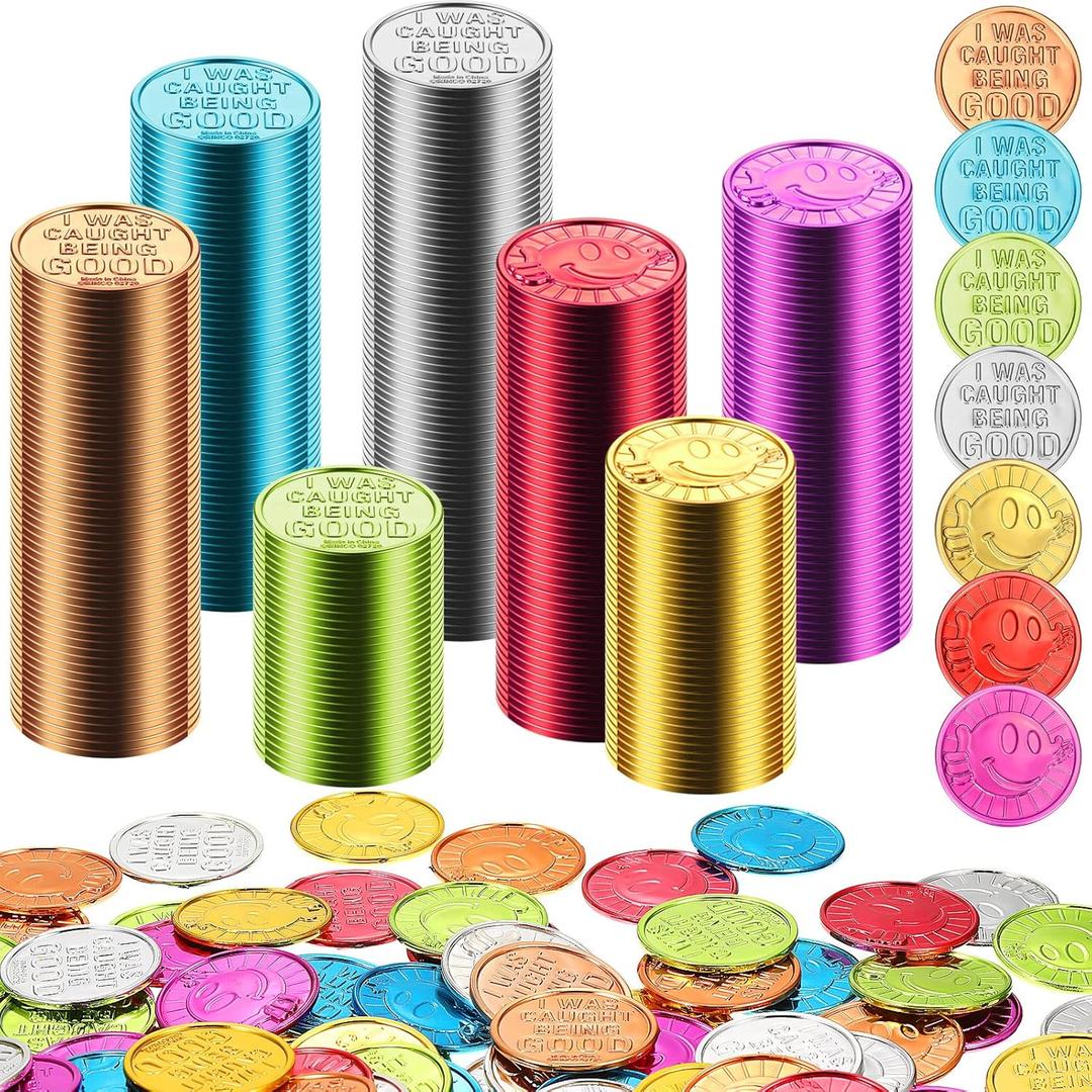 Jerify 1000 Pcs I was Caught Being Good Coins for Kids Behavior Tokens Laugh Face Plastic Reward Colored Pretend Coin Carnival Party Counting (Laugh Face)