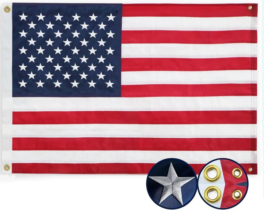American Flag 3x5 Ft, 4 Brass Grommets US Flags - Embroidered Stars, Sewn Stripes, Heavy Duty Durable Outdoor US Flags - Hanging US Flags for Room/Indoor/Wall American Flag
