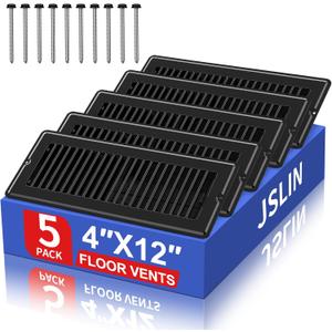4x12 Floor Regsiter Vent Covers for Home Floor Wall Ceiling - Black with Screws for Easy Installation - Heavy Duty Steel Walkable Finish for Quiet Adjustable Air Vent Cover 4 x 12- 5 Pack