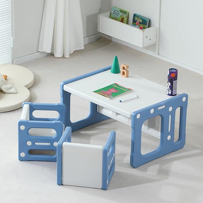 Montessori Wooden Kids Play Table Set, Toddler Table Set or Preschool Learning Table or Chair, Weaning Table, Kids Play Table (Blue and White Color Set 1 Table and 2 Chair)
