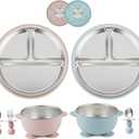 PandaEar 8PCS Baby Feeding Set | Stainless Steel Suction Plates and Bowls with Silicone Fork and Spoon Utensils | Baby Led Weaning Tableware for Toddlers & Kids (Pink & Blue)