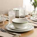 Gibson Home Hometown Diner 12-Piece Porcelain Dinnerware Set, Round Plates and Bowls Set for 4, White with Green Rim, Dishwasher Safe Dinner Plate, Salad Plate & Cereal Bowl