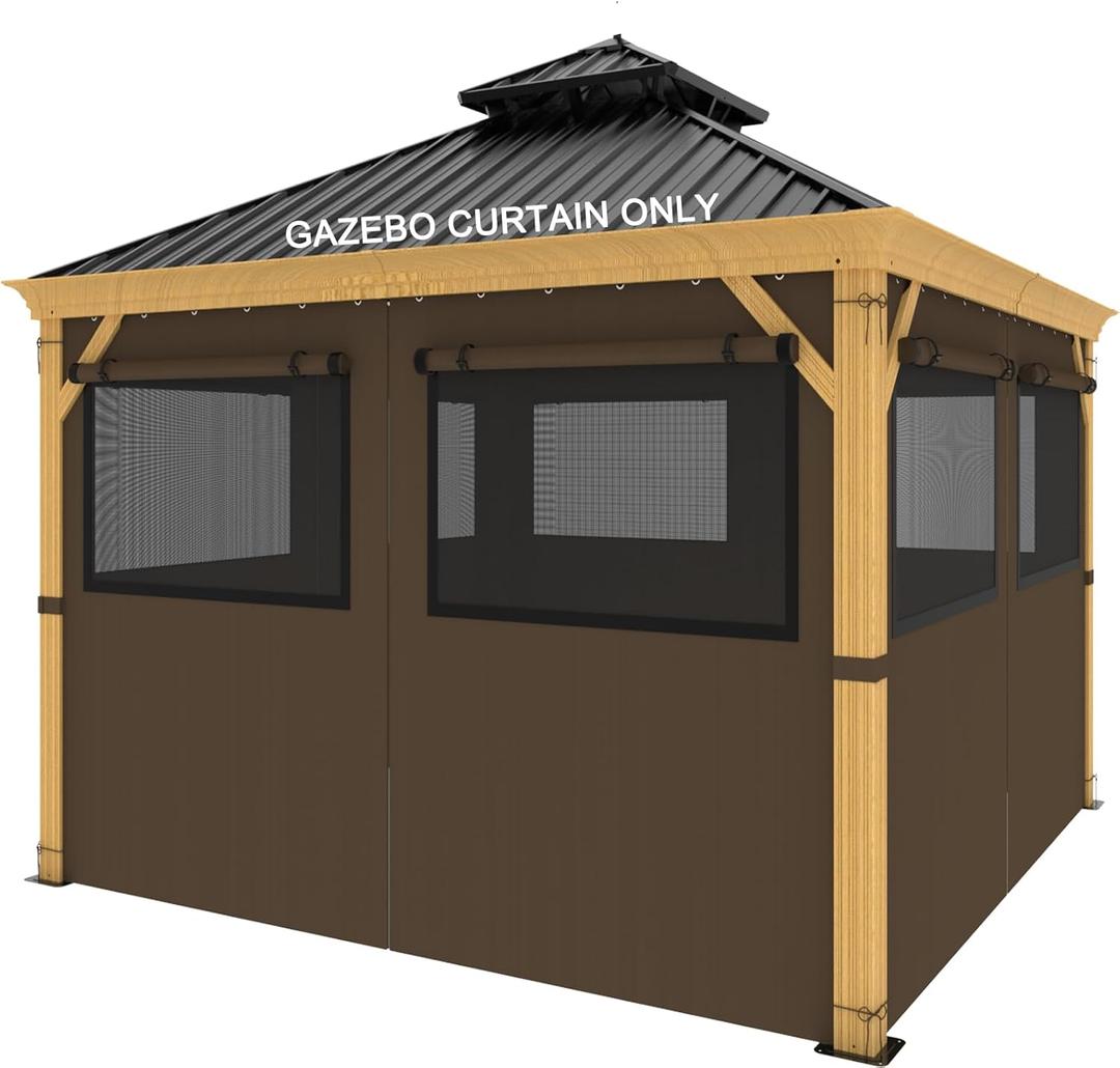 10ft x 12ft Gazebo Curtains,Privacy Replacement Sidewall with Roll-up Mosquito Net Windows, 4-Panel Universal Shade Curtains Set,Protecting Side Walls (Only Curtain)-Brown
