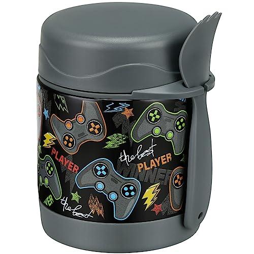 Pawtong 10oz Soup Thermo for Hot Food Kids Insulated Food Jar, Thermo Hot Food Lunch Container, Width Mouth Stainless Steel Lunch Box for Kids with Spoon (Black-Gamepad)