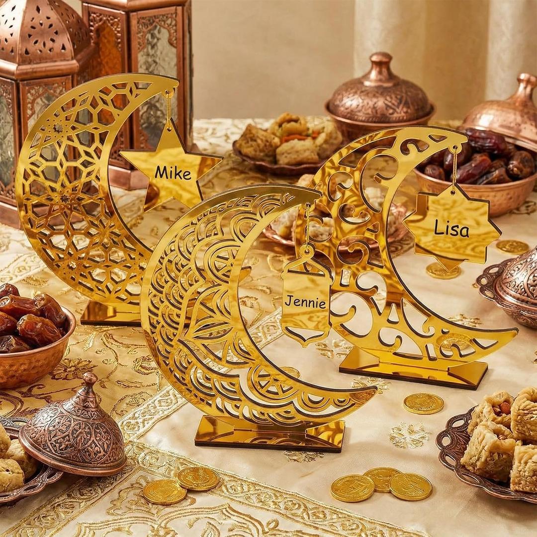 Vicenpal 3 Pcs Acrylic Eid al-Adha Decorations Eid Mubarak Table Sign Ramadan Moon Hollow Star Ornament for Muslim Party Tabletop Decor Home Craft Decoration Golden Moon
