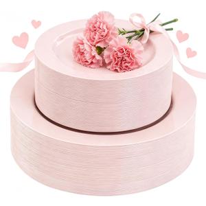 FLOWERCAT 100PCS Pink Plastic Plates - Heavy Duty Pink Party set Disposable serve for 50 guests -10 inch Dinner + 7 inch Dessert/Salad Plates for Easter,Birthday Party,Mother's Day