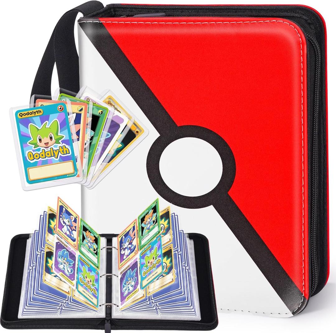 Card Binder 4 Pocket Zipper Collection Album, Premium PU Holder, Double-Sided Display for 400 Cards, Includes 5 Hard Plastic Sleeves for Game Cards, Sports Cards