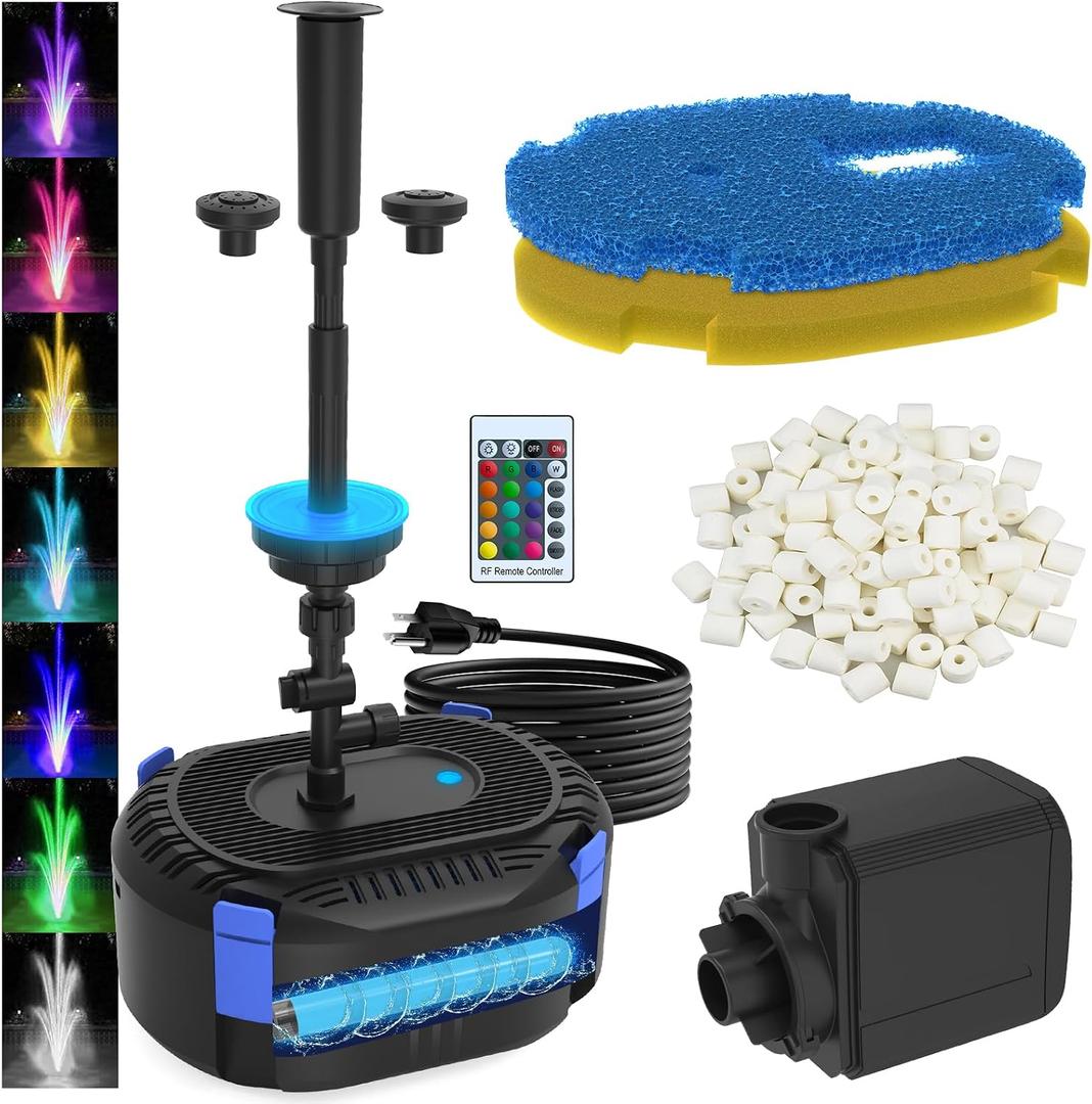AquaMiracle Pond Filter with Fountain Kits | Remote Control Colorful LED Lights | 550GPH Koi Pond Filter Pump with U - V | Tackle Green Water Al-gae | 3 Spray Patterns | for Outdoor Ponds 200-500 Gal