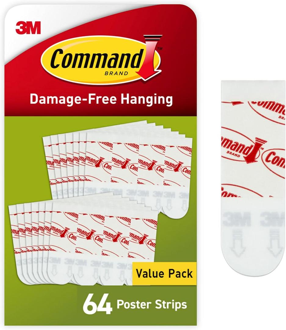 Command Poster Strips, Damage Free Hanging Poster Hangers, No Tools Wall Hanging Strips for Posters, 64 White Adhesive Strips