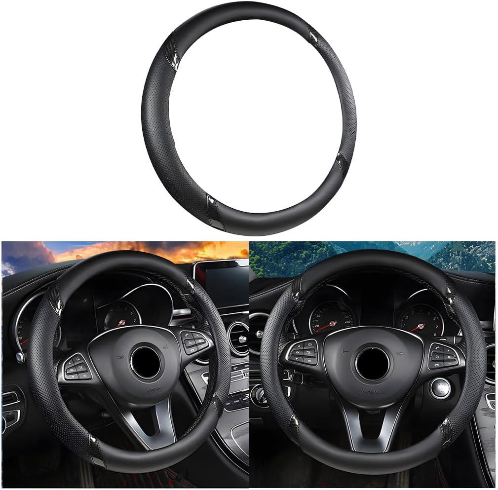 2 x BESULEN Leather Car Steering Wheel Cover, Carbon Fiber Anti-Slip Automotive Steer Wheel Protector, Soft Breathable Vehicle Interior Decor Accessories, 15Inch Universal for SUV, Truck, RVBlack