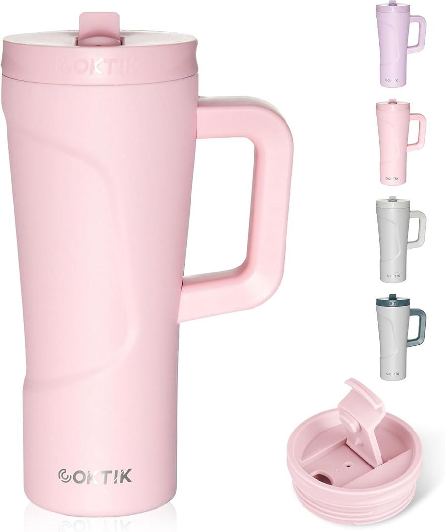 COKTIK 20 oz Insulated Tumbler with Handle and Two Lids(Flip/Straw), Double Wall Stainless Steel Vacuum Insulated Tumbler, Cupholder Friendly,Travel Coffee Mug BPA Free Reusable Cup, Light pink