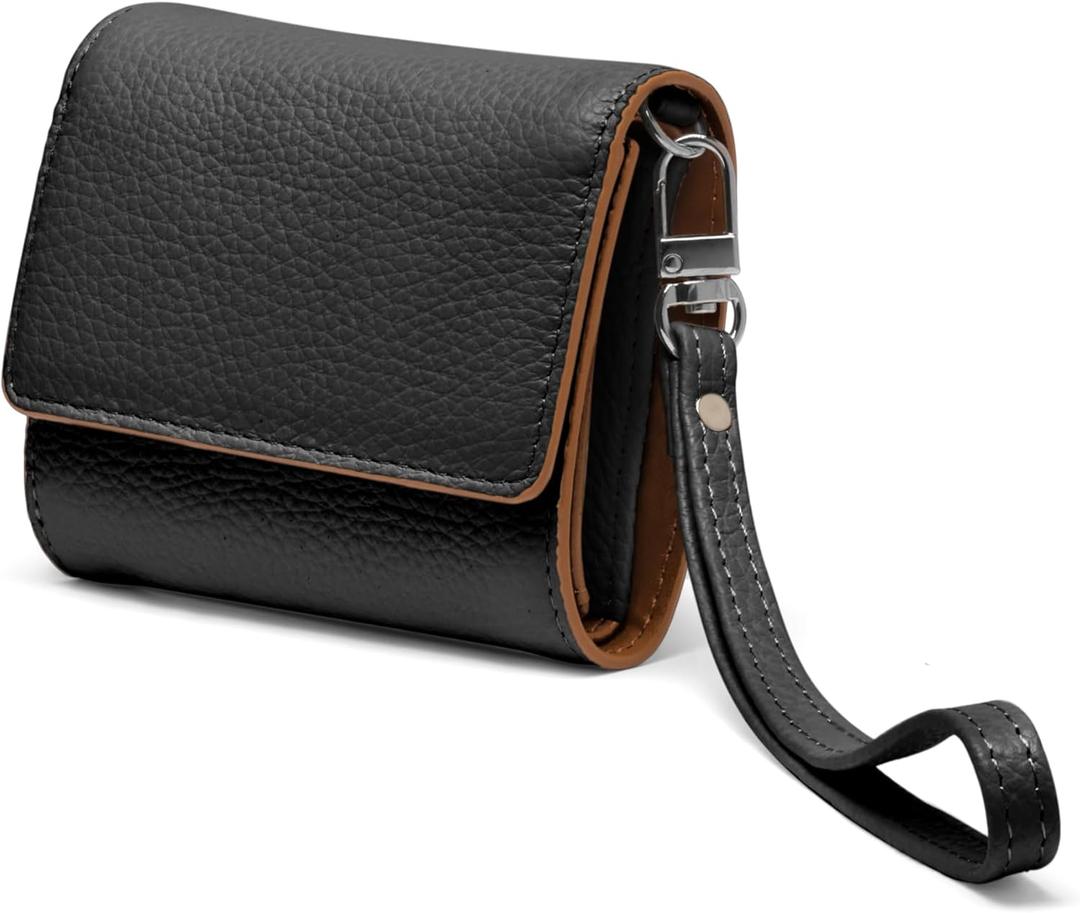 RFID-Blocking Women's Real Leather Wallet with Large Capacity and Wristlet - Small, Secure, and Chic - Conveniently Holds Cards, Cash, and Coins (All Black - RFID Protected with Wristlet)