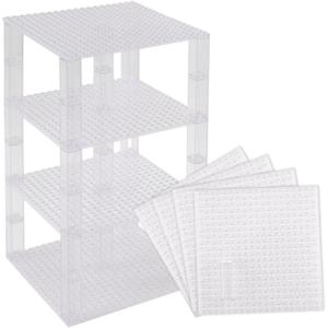 Strictly Briks Stackable Baseplates - Compatible with Lego, 6 x 6 in Baseplates for Buidling Blocks, Display Tower, Expand Vertical Builds, 4 Baseplates & 30 Stakcers, Kids, Clear
