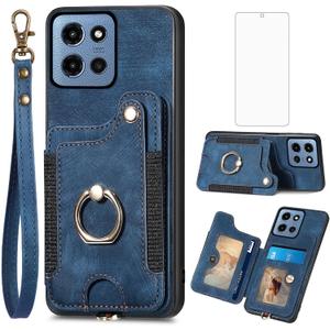 Asuwish Phone Case for Motorola Moto G 5G 2025 Wallet Cover with Tempered Glass Screen Protector and Wrist Strap Lanyard RFID Credit Card Holder Ring Stand Cell Accessories G5G 5 G G5 Women Men Blue