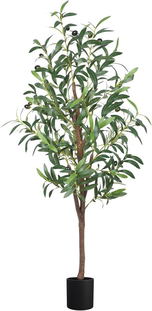 Artificial Olive Tree, 4FT Tall Faux Olive Trees 48in Outdoor Fake Potted Silk Plant with Trunk and Realistic 436 Leaves and 16 Fruits for Modern Office Home Decor, 1 P ack
