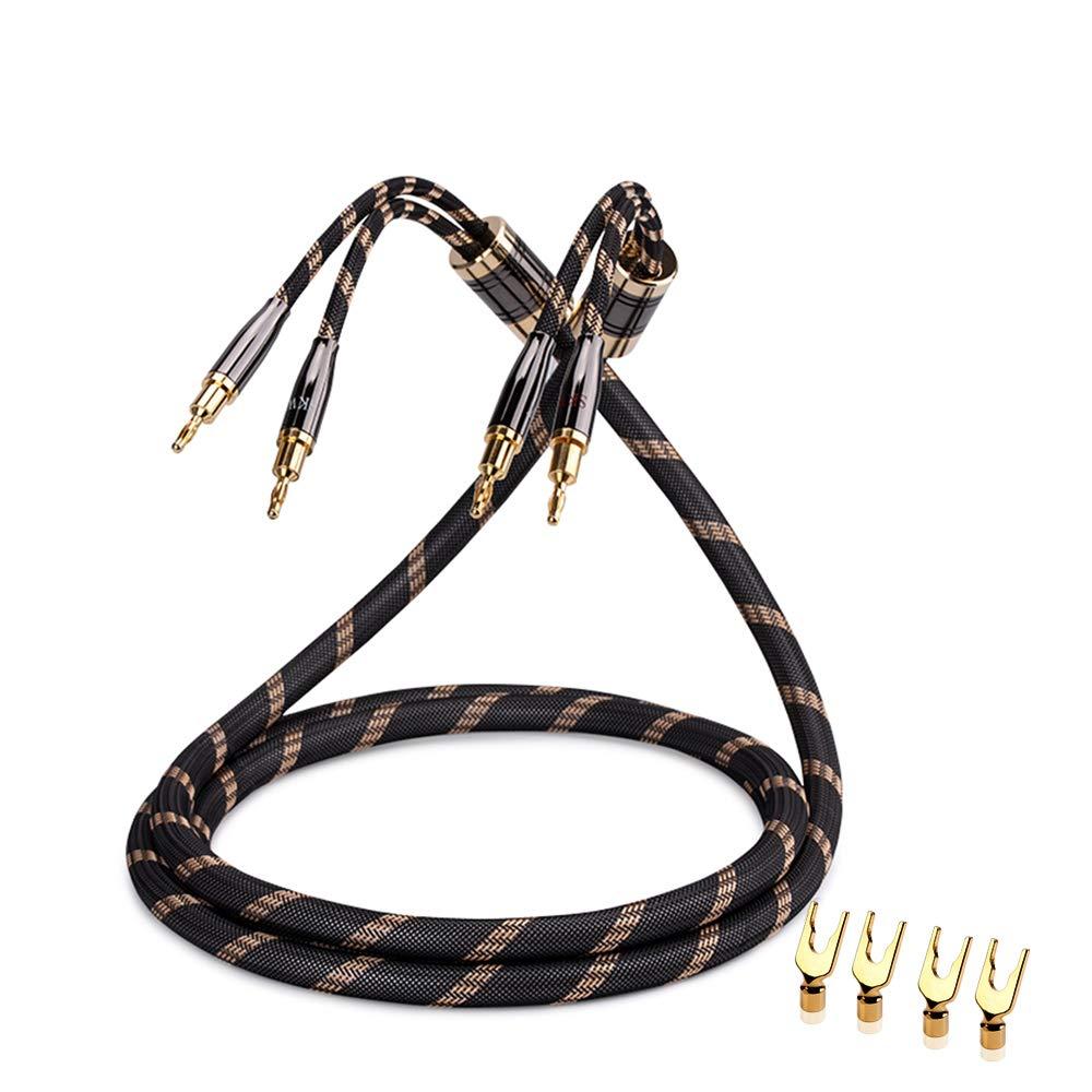 SKW Single Audiophile Speaker Cable,Convertible Banana Spade Gold Plated Connector,Nylon Braid,HiFi Quality Cable(9.8ft/3M,1 Cable for 1 Speaker)