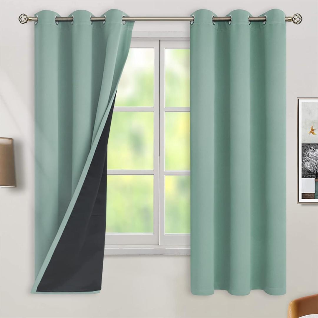 BGment Thermal Insulated 100% Blackout Curtains for Bedroom with Black Liner, Double Layer Full Room Darkening Noise Reducing Grommet Curtain (42 x 63 Inch, Frosty Green, 2 Panels)