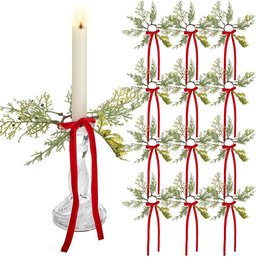12 Pcs Christmas Pine Taper Candle Rings Wreaths with Velvet Bow Ribbon 1.38 Inch Mini Taper Candle Holder Decorations for Xmas Holiday Church Home Table Centerpiece Candlesticks (Burgundy)