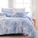 Floral 100% Cotton Duvet Cover King Size,Reversible Blue White Daisy Comforter Cover with Zipper Closure,Soft 3 Pieces Luxury Cotton Bedding Sets with 2 Pillow Shams (20"x36")