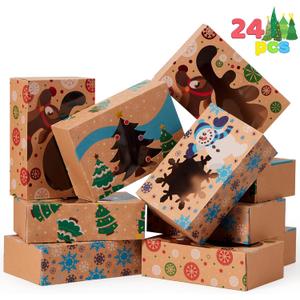 JOYIN 24PCS Christmas Cookie Boxes for Gift Giving, 8.5" x 5.75" x 2.75" Xmas Holiday Treat Cookie Tin with Window, 3 Designs Brown Foiled Kraft Bakery Boxes for Pastries, Cupcakes, Brownies, Doughnut