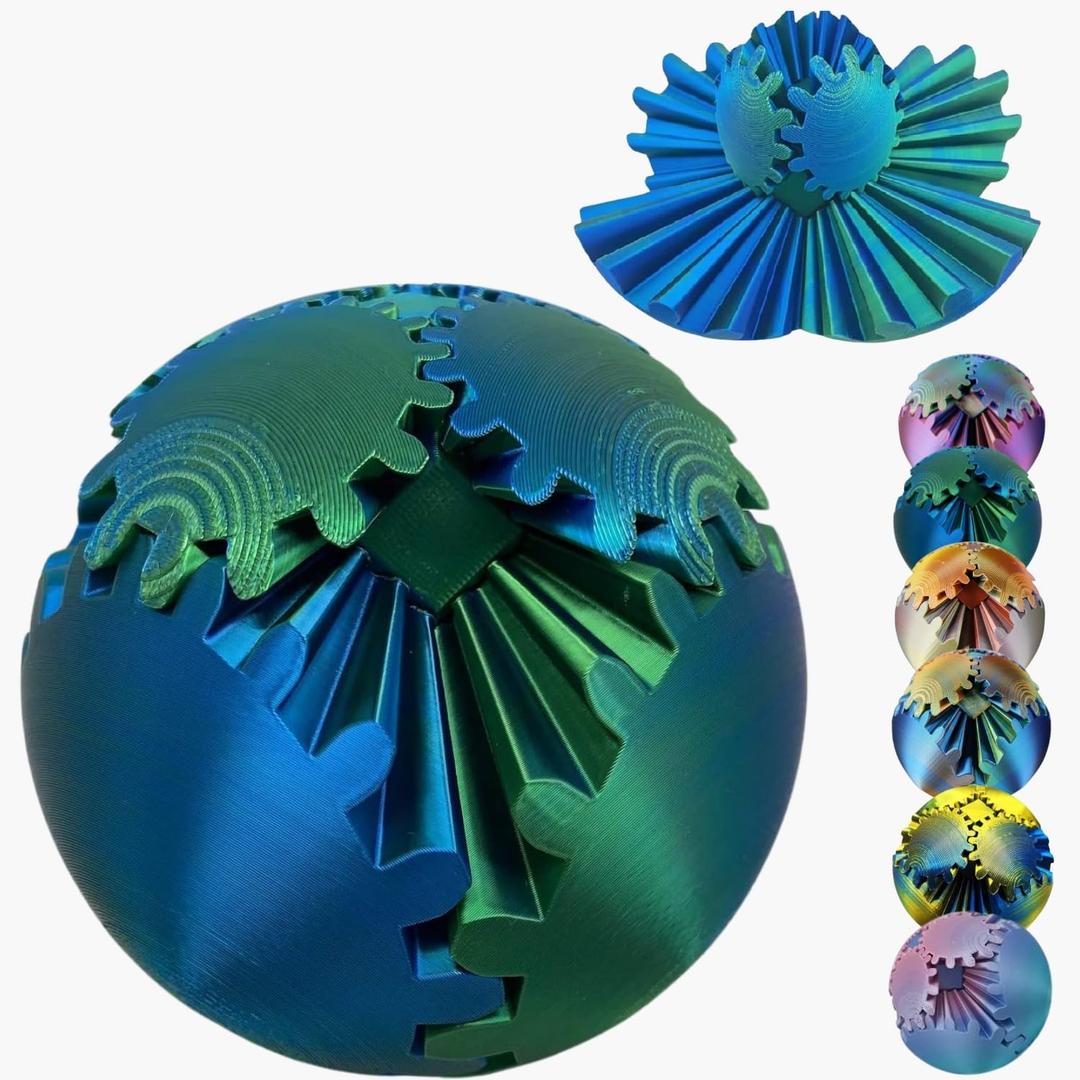Gear Ball 3D Printed Spin Ball Cube Fidget Toys, Gear Sphere Fidget Toy, GearSphere Desk Toy Stress Fidget Balls, Fidgets Spinners for Adults & Kids Anxiety Relaxing (3.1 Inch, Laser Green Blue)