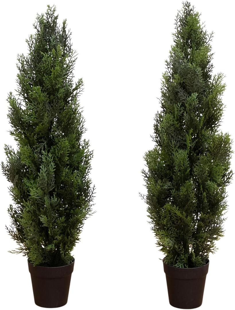 Nearly Natural 3ft Cedar Pine Artificial Tree, UV Resistant, Realistic Cone-Shaped Greenery, Indoor/Outdoor Decor, Set of 2