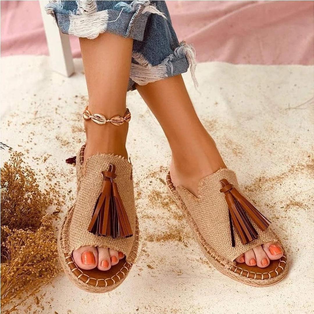 Sandals Women Flat Sole Tassel Slipper Summer Beach Front Slip On Sandals Bohemia Fashion Casual Open Toe Non-Slip Flip Flop  6.5